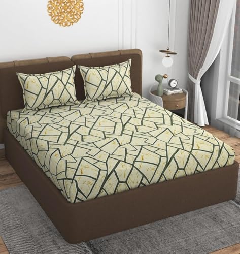 Image of NHD HOME Cotton All Around Elastic Fitted Premium Prints Queen Size Double Bed Bedsheet with 2 Large Pillow Covers Fits Upto Mattress of 8 Inches,Size-78 inch x 72 inch Inches, Mint Green & White, 180 TC