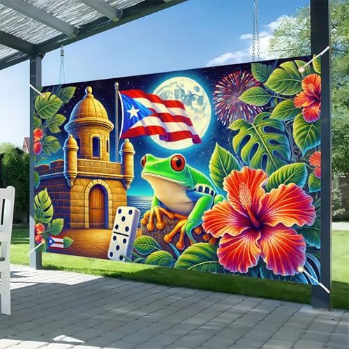 Image of BlissYard Puerto Rico Flag Frog Backdrop Banner 71x43 Inch Indoor Outdoor Party Decor Puerto Rico Events Festivals Wall Banner Hibiscus and Frog Design for Home and Events