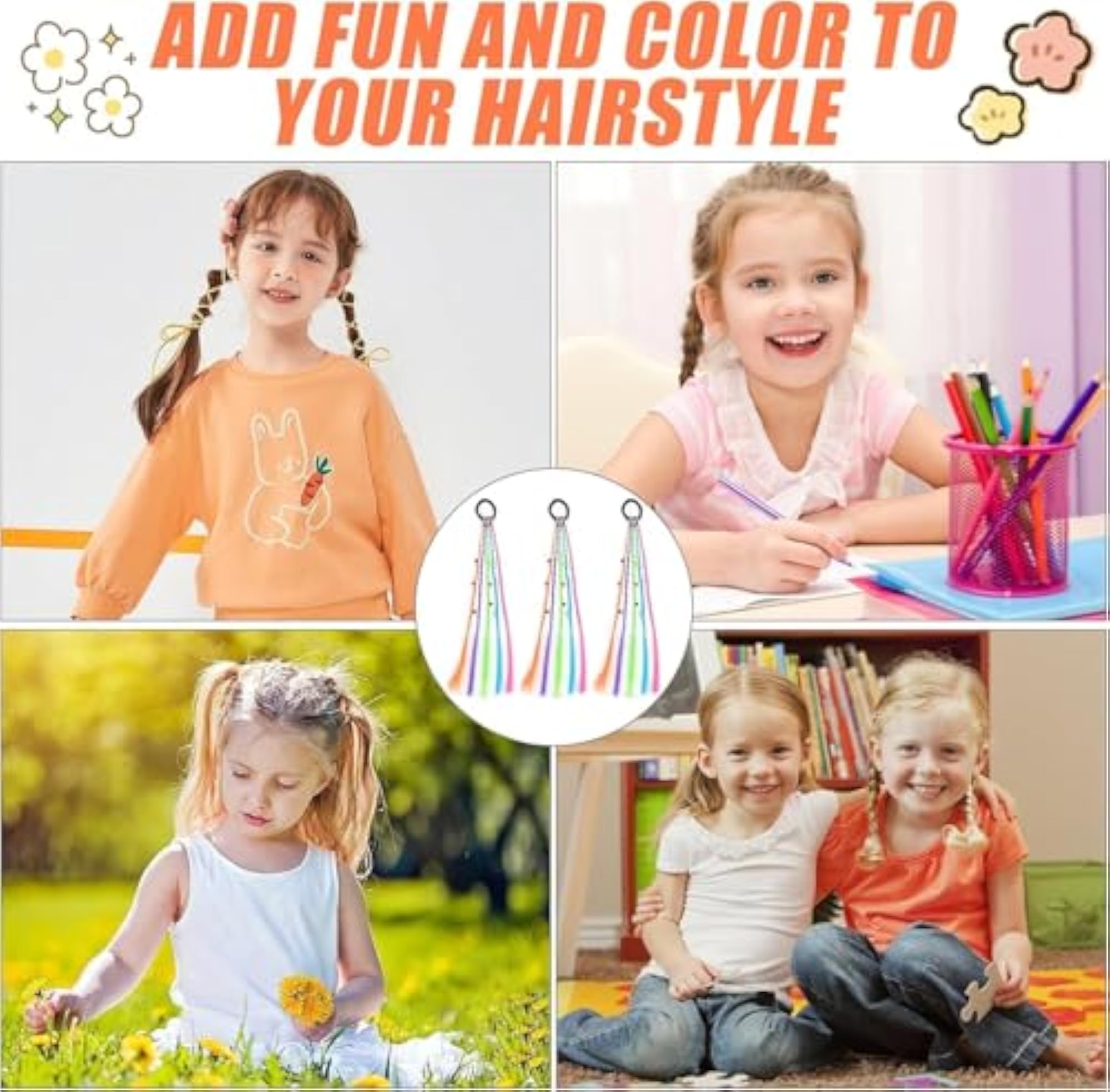 Girls Rainbow Braided Ponytail - 3 pc Multi Color Rubber Bands
