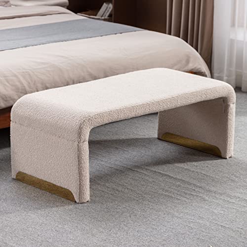 Nioiikit 43.3'' Ottoman Bench With Boucle Fabric, Faux Fur End Of Bed Bench With Golden Metal Legs, Upholstered Entryway Bench For Living Room, Bedroom, Entryway (Beige) #TOP28