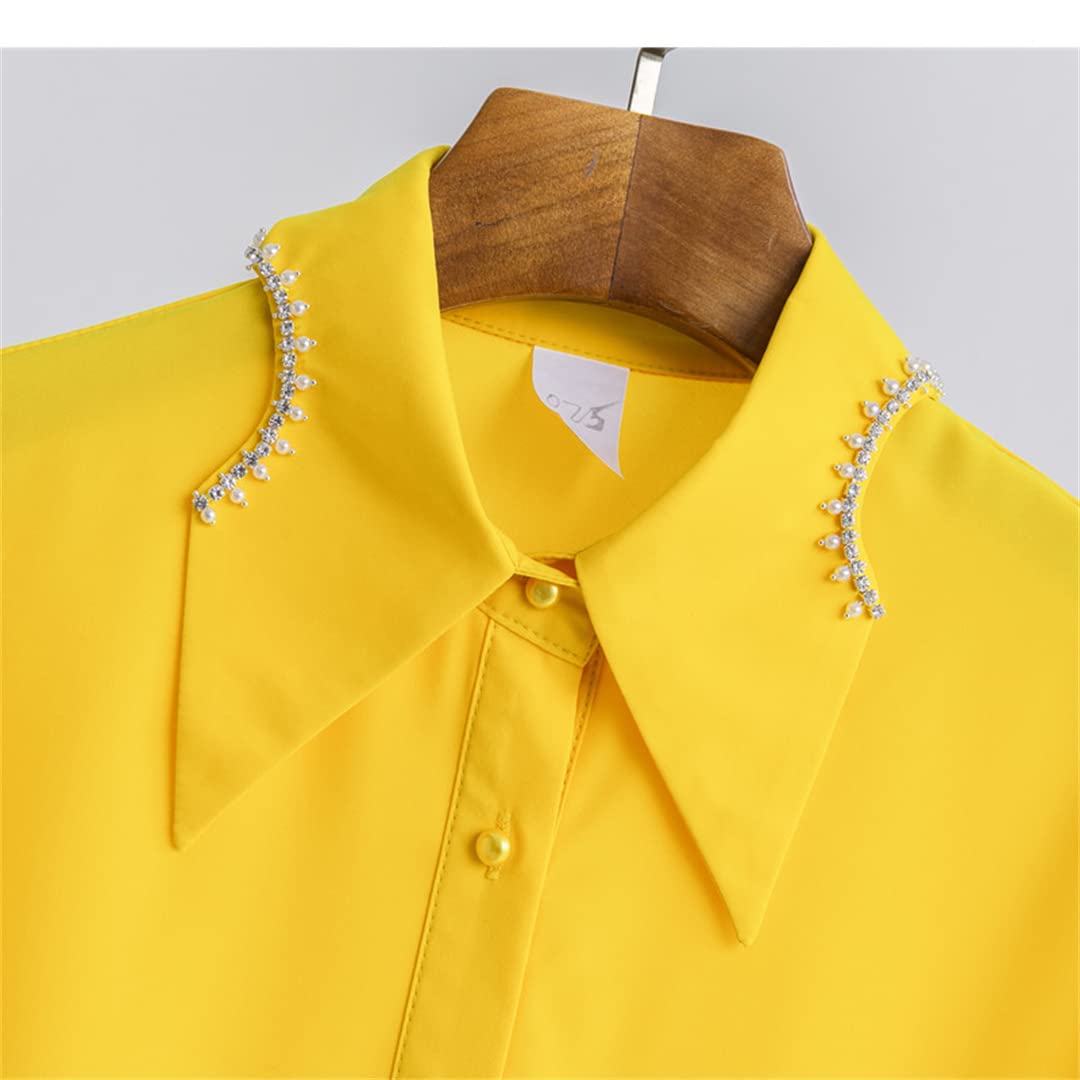 Camisa con Botones para Mujer, Manga Corta, Cuello en V, Blusa de Negocios, Blusas de Gasa Informales de Verano Yellow S