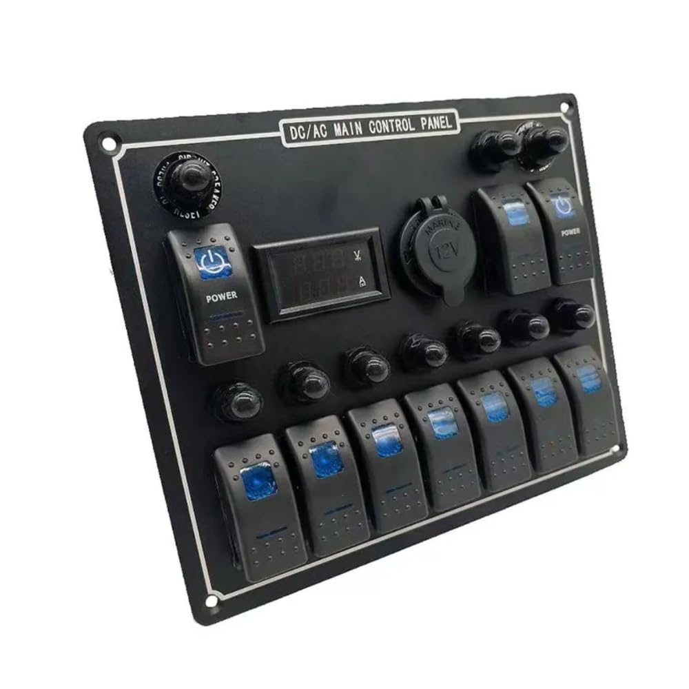 TANFEI 10 Gang Marine Rocker Switch Panel Waterproof with Digital Voltmeter Lighter Socket