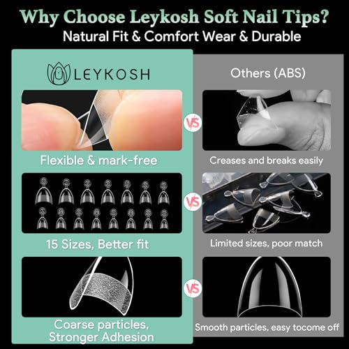 Image of Leykosh Short Almond Half Cover Nail Tips, 15 Sizes 330PCS Soft Gel Fake Nails, Half Matte Pre-Shaped Clear Press On Acrylic Nails No C Curve Gift for Extension, DIY Home Manicure Beauty Gifts
