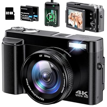Câmara digital 4K para fotografia de foco automático 48MP 4K com cartão SD, 180° 3 polegadas com ecrã rebatível para câmaras compactas de vídeo YouTube com zoom digital 16X, anti-agitação,