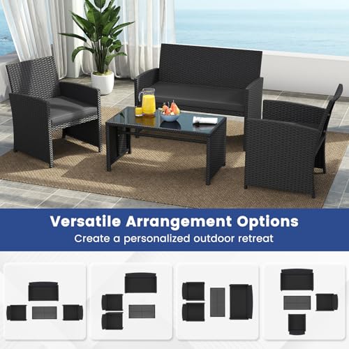 Image of Tangkula 8 Pieces Patio Wicker Furniture Set, Outdoor Heavy Duty Rattan Cushioned Chairs, Loveseat and Tempered Glass Coffee Table, for Backyard, Balcony, Poolside (2, Black)