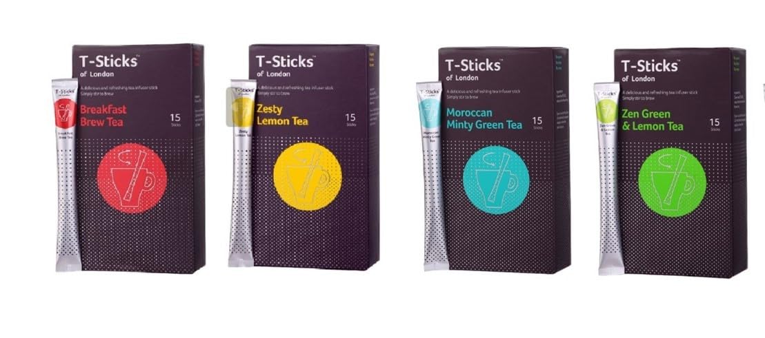 4 box packs Black and Green loose leaf Tea Infusion Sticks Selection Breakfast Brew, zesty lemon, Moroccan Mint, Zen Green & Lemon Tea STICKS OLOGY GIFT