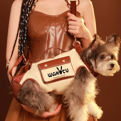 Wakytu Hundegeschirr,Tragehilfe Hund Treppe Tragegeschirr,Hundetasche für kleine Hunde verstellbare gepolsterte atmungsaktive Riemen Bequem und Modisch (S,Beige)