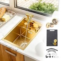 Gold Versteckter Küchenbar Spüle mit Klappbarem Wasserhahn, 30 x 45 cm, Gold Kleine Küchenspüle aus Edelstahl, Einbauspüle mit Schneidebrett, Siebkorb, Überlaufset – Ansicht 8
