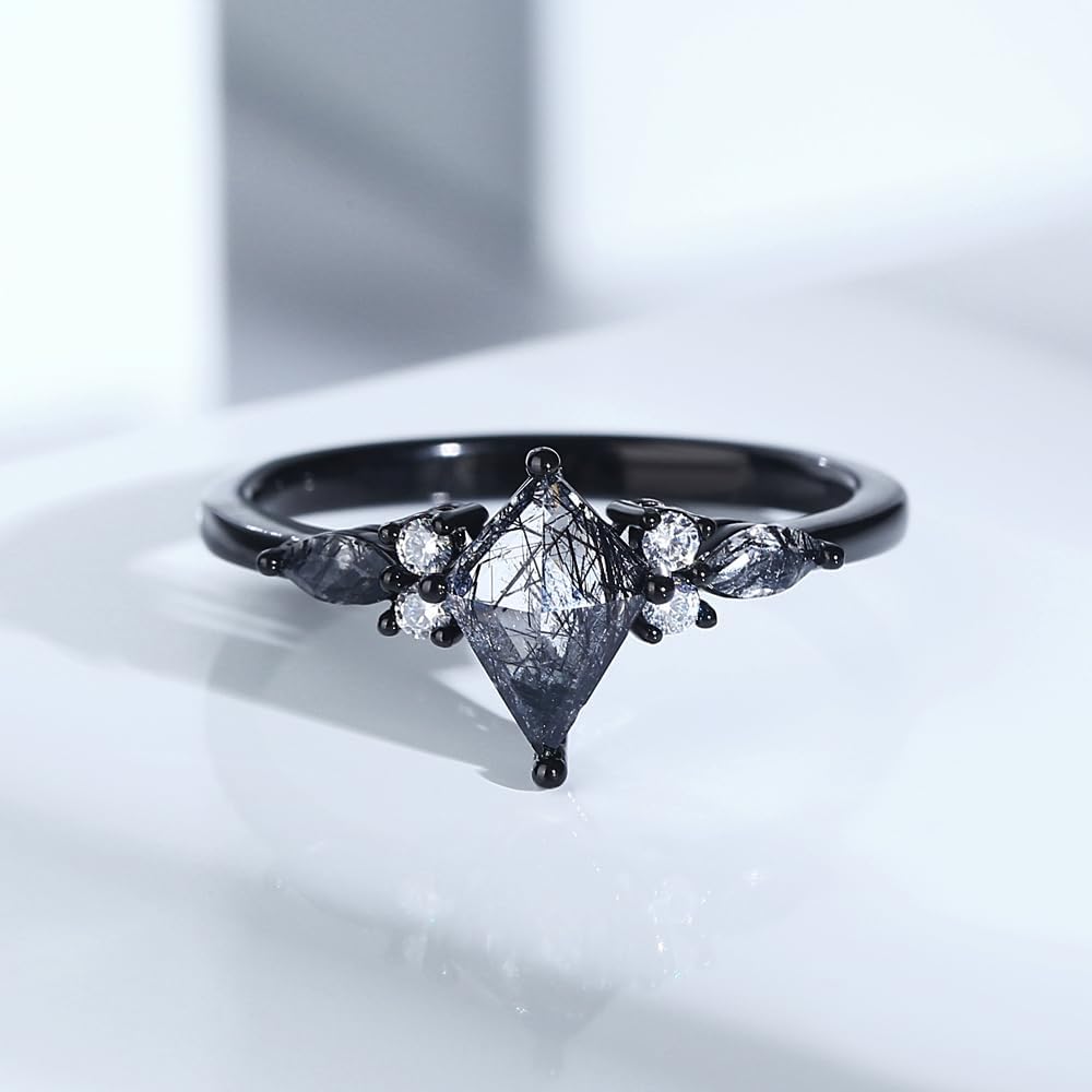 Black Rutilated Quartz Bridal Wedding Ring Sets - Personalized Engraved Engagement Rings for Women Gothic Kite Cut Promise for Her Wife Fiancée