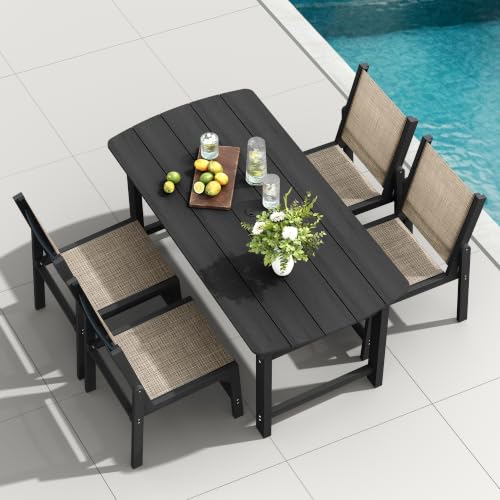 Image of HDPE Outdoor Patio Dining Set with Table & 4 Stackable Armless Textilene Chairs, All-Weather 5-Piece Dining Table Set with Umbrella Hole, Patio Furniture for Garden, Poolside, Backyard, Deck | Black