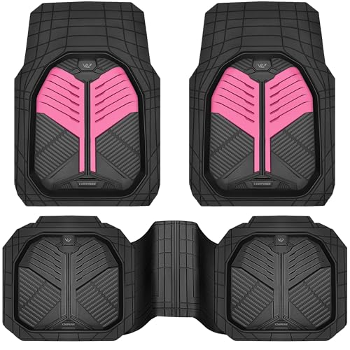 CAR PASS Heavy Duty Rubber Car Mats, Deep Dish Car Floor Mats All Weather, Car Mats Full Set 3-Piece Trim to Fit for Sedans SUVs Trucks,Women Waterproof Anti-Slip Automotive Mats, V12 Black and Pink
