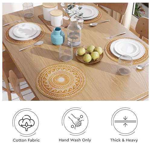 Image of Dining Table Mats Set of 6 | Cotton Table Mat 32 cm Diameter, Encasa XO Washable Round Table Mats, Heat Resistance Dining Table Placemats, Handmade Ribbed Style for Centre Table, Mustard Mandala Print