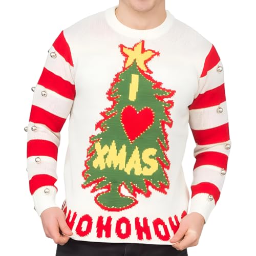 Costume Agent I Love Xmas HOHOHO Ugly Christmas Sweater for Adult Funny Knitted Christmas Sweater - Light Up (LED) and Bells White