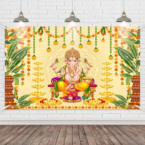 Image of Pooja Ganpati Decoration Banner Indian Puja Cloth Items Backdrop Traditional Chatiya Ganesh Mehndi Photography Background Festival Wedding Party Marigold Garlands Photo Booth 70.8x43.3inch