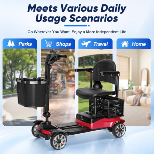 Image of 4 Wheels Electric Wheelchair for Seniors, Foldable, 350LBS Capacity& 15 Miles Range&350W Powerful Moto&Rotating Seat&LED Light& Double Baskets&Auto Brake-（Red Color）
