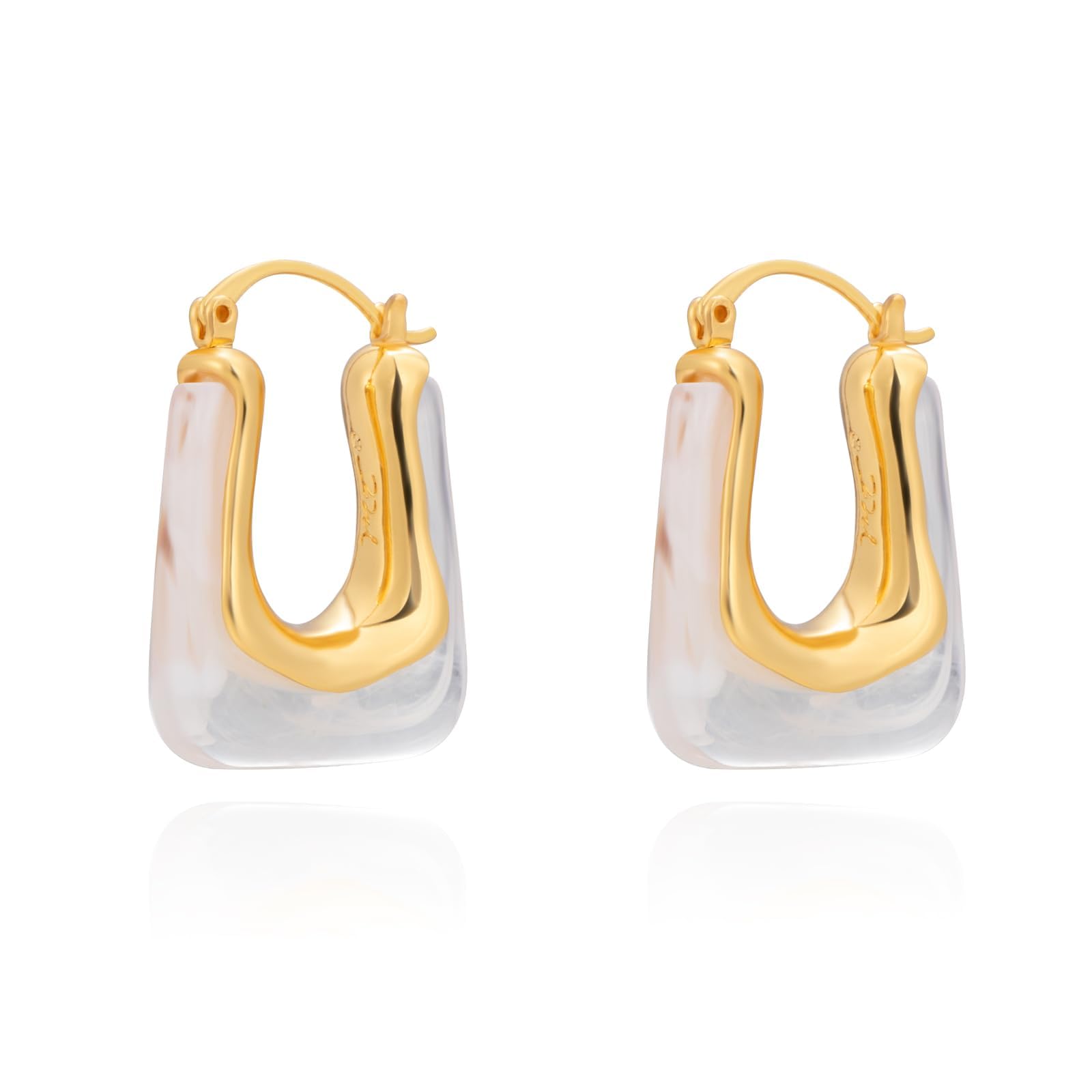 14K Gold Acrylic Rectangle Clear Earrings for Women, Plated Chunky Earrings Geometric Minimalist Statement Lightweight Huggie Dainty Hypoallergenic Hoop Earrings for Womens Jewelry