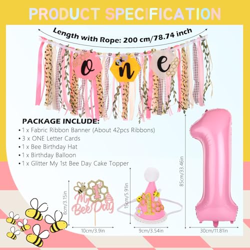 Image of Happy 1st Bee Day Highchair Banner for Girls Birthday Party Decorations | Pink Bumble Bee High Chair Fabric Banner for Bee First Birthday High Chair Tassel Banner for Backdrop Decoration Photo Props