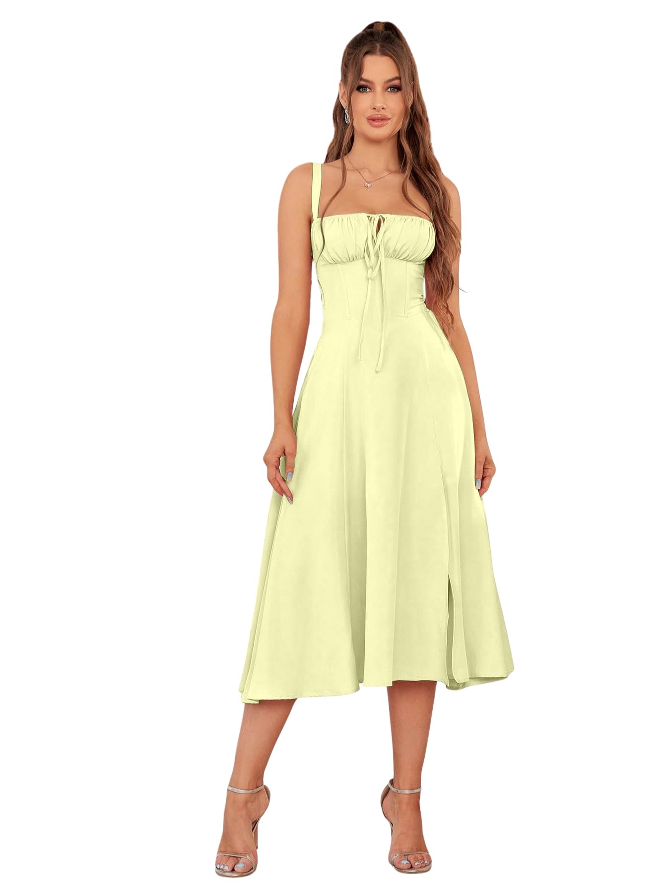 Solid Lace Up Backless Ruched Boning Spaghetti Strap Slim Fit Long Cami Dress for Women's & Girl's-picture-49