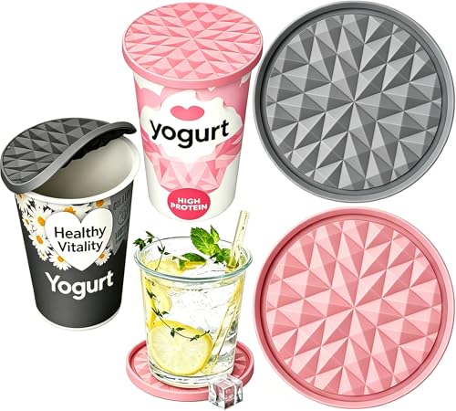 Yogurt Pot Lids 2 Pack 9.5 cm Reusable Silicone Covers for Yoghurt and Cream Pots Airtight Leakproof Reversible Coasters