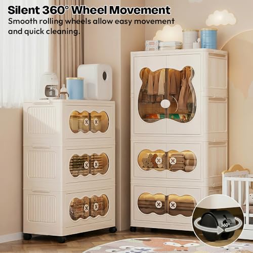 Image of StarAndDaisy Kids Bear Wardrobe /Multifunctional Collapsible Plastic Wardrobe /Almirah for Baby /Kids- Storage Cabinet - Dustproof Organizer for Baby Clothes, Toys & Books with Wheels & Hangers- Beige