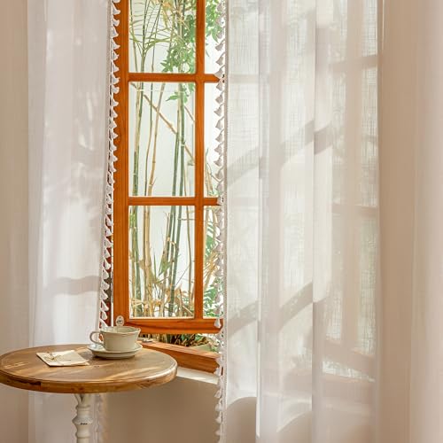 Image of MYSKY HOME Semi Sheer Light Filtering White Bohemian Curtains for Sliding Door 96 Inches Long，Back Tab Ceiling Curtains with Tassel for Living Room Bedroom, 50 inch x 96 inch，Pure White，2 Pieces