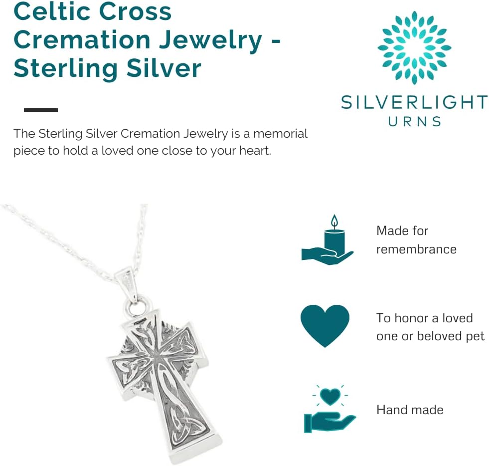 Celtic Cross Cremation Jewelry Pendant and Necklace for Ashes, Sterling Silver, Cremation Jewelry for Ashes