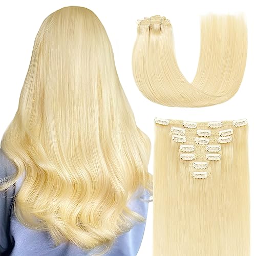 AGMITY Clip in 14 Inch 110g 7pcs Real Human Hair Natural Silky Double Weft Hair Extensions (Bleach Blonde)