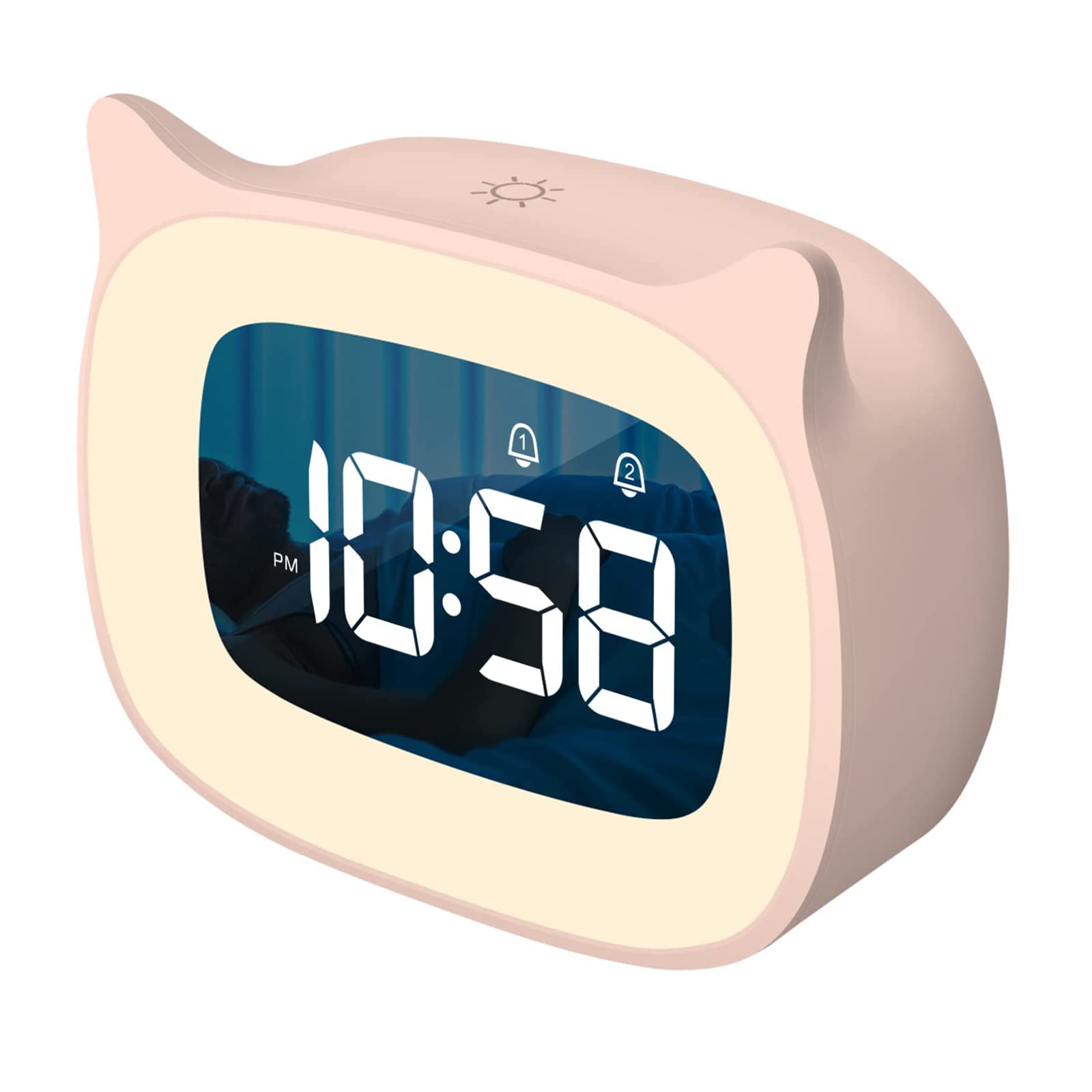 KASTWAVE Kids Alarm Clock, Digital Desk Alarm Clock for Kids Bedroom with Night Light Stepless Dimming, Cute Cat Ear Bedside Clock for Students/Boys/Girls