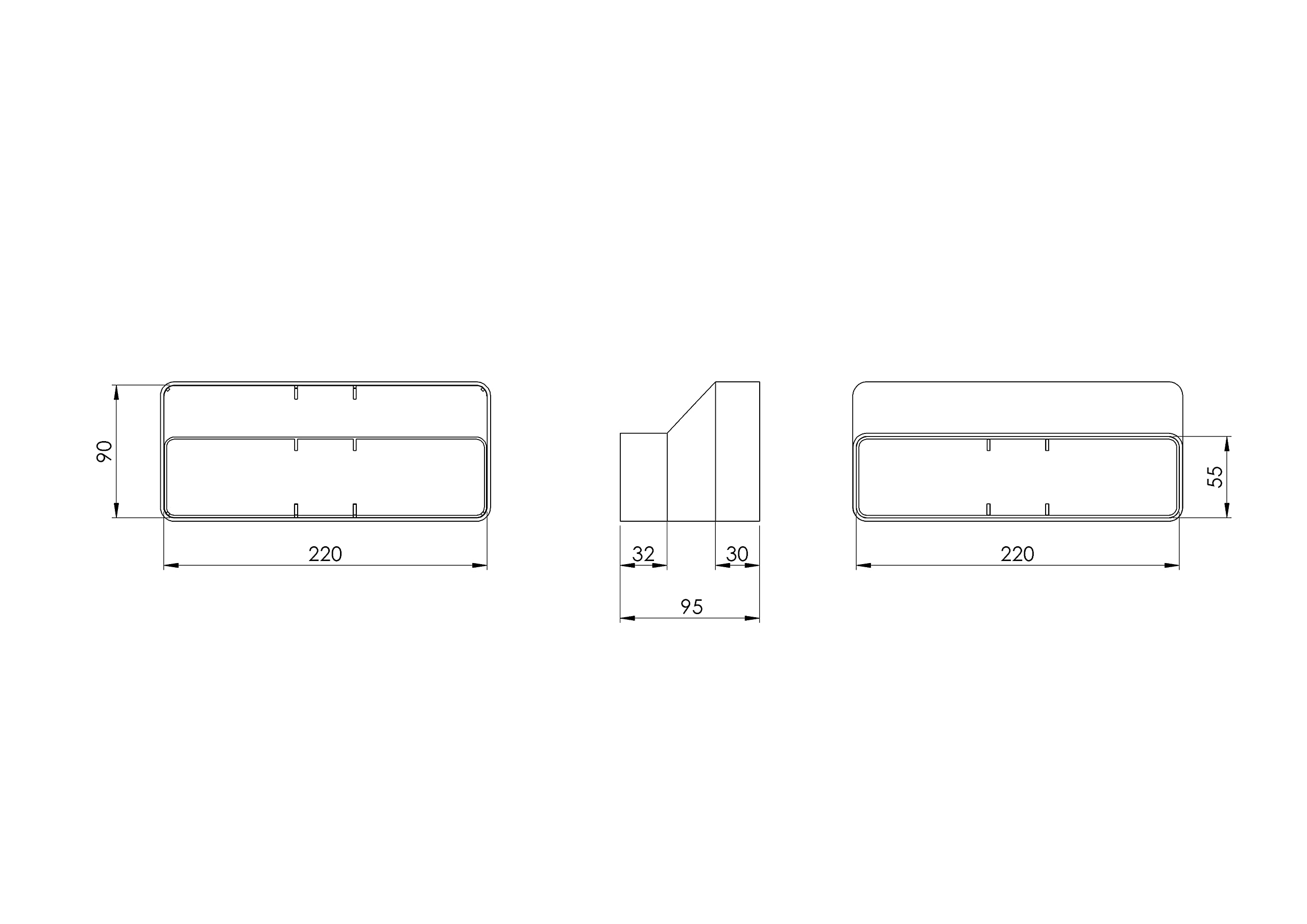 Steinberg14 Reductor de canal plano blanco de 220 x 90 mm a 220 x 55 mm, plástico