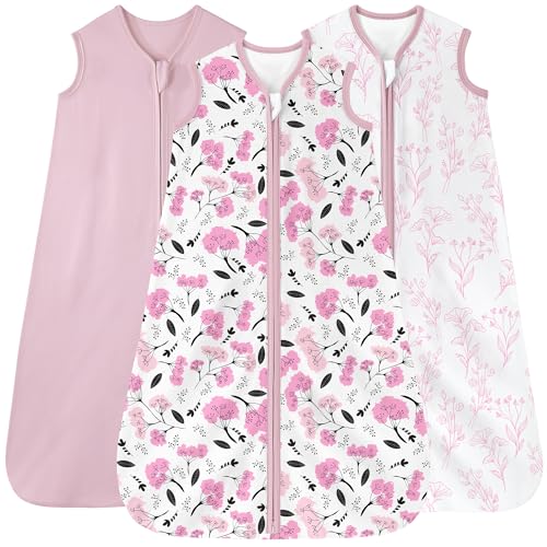 Image of FIEMOL Baby Sleep Sack 6-12 months, 100% Cotton Sleeping Sack for Newborn and Infant, 3 Pack Baby Wearable Blanket, 0.5 Tog Lightweight Double Zipper Sleep Bag Pink Flower