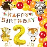 2er Cumpleaños Niño - 1x 40 pulgadas Globos Número “2”,4 x globo de papel de animal (zorro, ardilla, erizo, mapache),24 x globos de látex (8 x rojo vino, 8 x naranja, 8 x dorado),1x banner de feliz cumpleaños,2 x dorados cintas de globos,Perfecto para decoraciones de fiestas temáticas de animales.