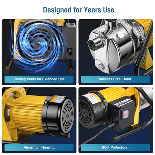 CrestWave Water Transfer Pump 1.6HP 1800GPH 110V Electric Portable Shallow Well Jet Pump Sprinkler Pump Irrigation Pump for Lawn Garden Irrigation Drainage with Iron Stand Handle Adapters - Thumbnail 5
