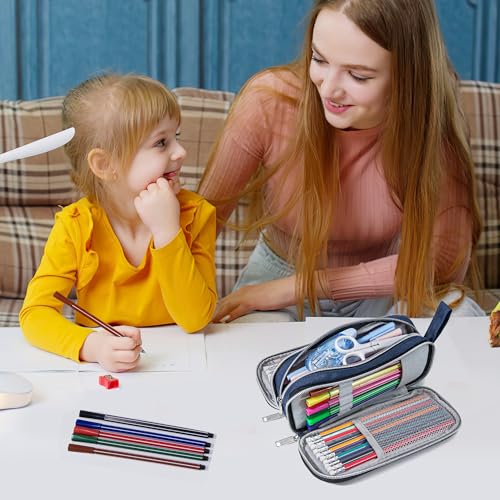 Image of Pencil Case with 3 Compartments, Canvas Zipper Pencil Pouch, Large Pencil bag, Big Pen Case Pouch Organizer for Adults, Pencil Pouches for Middle High School Teen Boys Girls - Blue