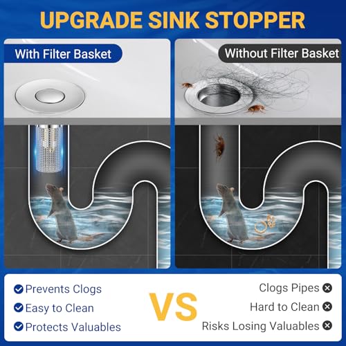 2PCS Bathroom Sink Stopper Strainer, Pop-Up Bathroom Sink Drain Strainer with Removable Stainless Steel Hair Catcher Basket, Universal Fit for US Bathroom Sinks, Bathtubs, Showers & Floor Drains - Image 6