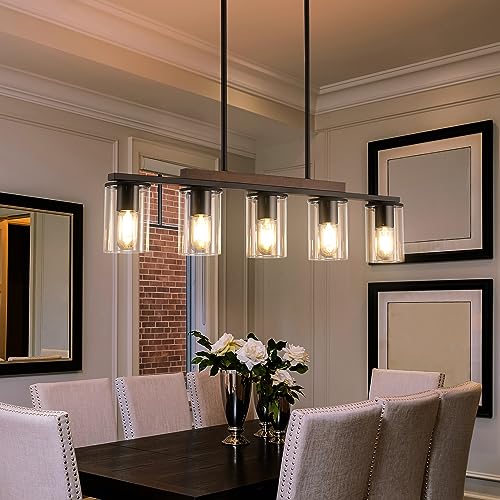 Mecgirn Farmhouse Dining Room Light Fixtures Over Table, Black Pendant Lights For Kitchen Island, 5 Light Linear Chandelier Lighting With Wood thumb #1