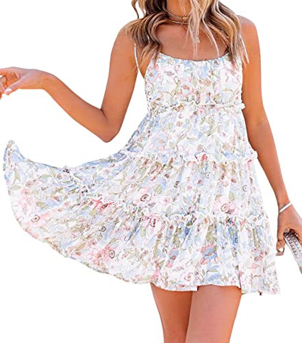 Image of Mansy Womens 2026 Summer Floral Mini Dress Boho Flowy Skater Dresses Short Sleeveless Ruffle Spaghetti Strap Dress