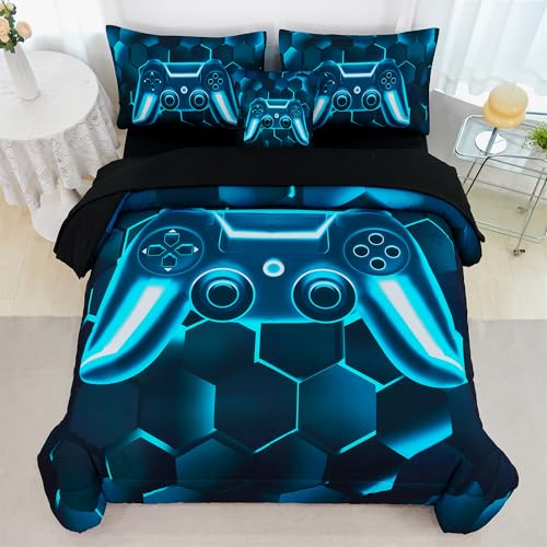 RYNGHIPY Gaming Bedding Set for Kids Boys Girls 6 Pieces Gamer Bed in a Bag Queen Size Cool 3D Game Console Comforter Set with Sheets (Teal,Queen)