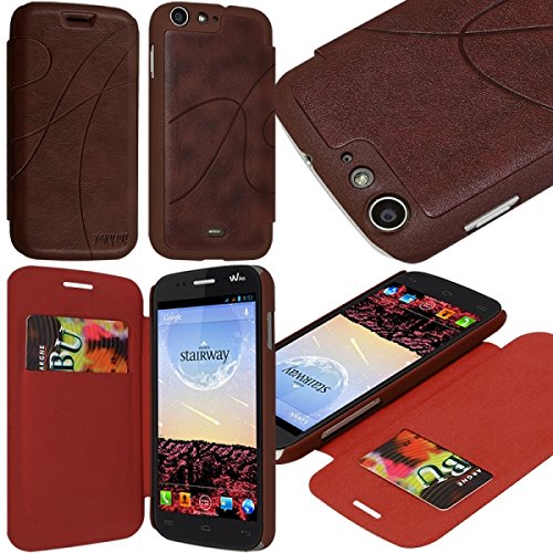 KARYLAX Seluxion - Coque Housse Etui à Rabat latéral et Porte-Carte pour Wiko Stairway Couleur Marron + Film de Protection d'écran