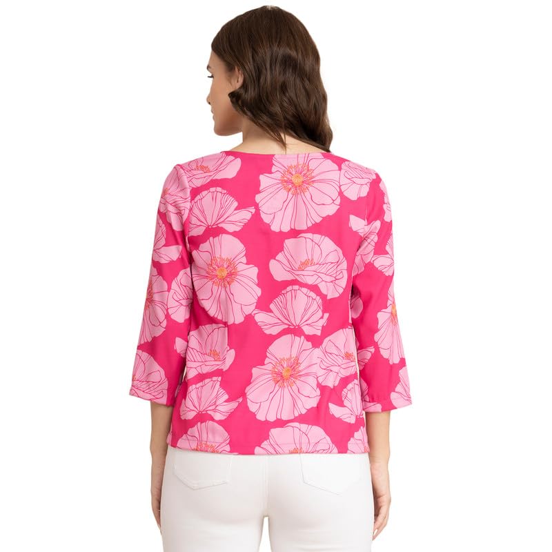 Image of FableStreet Women Formal & Casual Top | Elegant V-Neck Three-Quarter Sleeves Floral Print | Lightweight Smooth Fabric for Office Wear & Daytime Outings