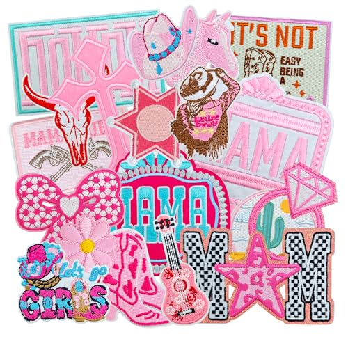 Crocode tears Western Iron On Patches Cowboy Cowgirls Embroidered Patch for Hats 19pcs Pink Mama Embroidered Applique for Backpack Clothes Jeans Heat Press
