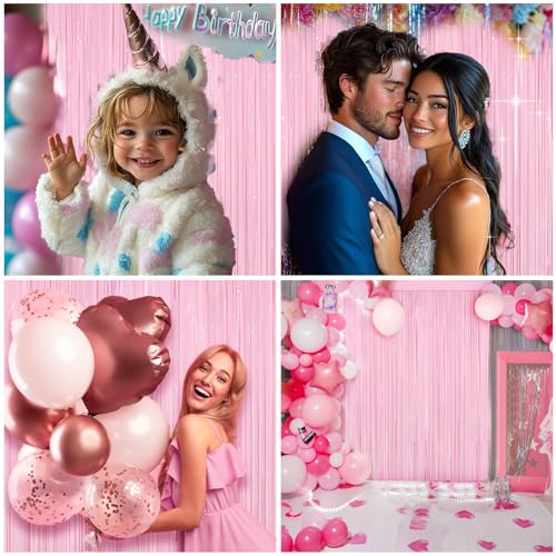 Image of 4 Packs Pastel Pink Foil Fringe Curtain, Baby Pink Metallic Tinsel Backdrop for Birthday, Wedding, Baby Shower, Princess Bachelorette Cowgirl Bow Party Decorations Supplies