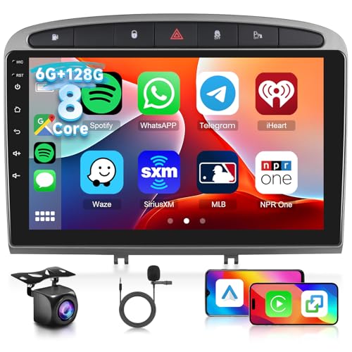 [6G+128G] 8-Core Android Radio para Peugeot 308 408 2007-2015 con Carplay Inalámbrico Android Auto, Hodozzy Pantalla Táctil de 9 Pulgadas con Bluetooth GPS WiFi USB DSP FM/RDS Radio con Cámara