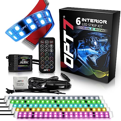 OPT7 Aura Double Row Car LED Lights Interior 6pc with Wireless Remote Control, Multicolor Mode, Sound Active Function Inside Ambient Lighting Kit, Footwell Floor Decor, Charger Adapter 12V