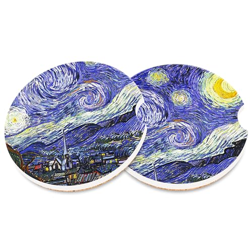 Neidius Sottobicchieri per auto con scritta "Notte stellata di Van Gogh", con scritta "Notte stellata", assorbenti, con base in sughero, antiscivolo, universale, con inserto in ceramica, accessori per