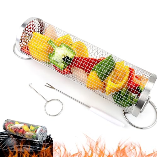 Rolling BBQ Grilling Basket with lid | Stainless Steel Barbecue Grill Basket for outdoor | BBQ Round Mesh Cylinder Cooking Accessories | Portable Grill, Dishwasher Safe, for Vegetables, Fries - 1 PC