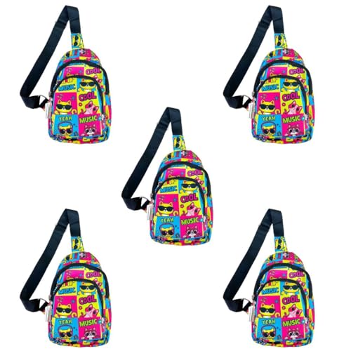 Image of Cots and Cuddles 5pc Cool Cat Print Colourful Cross body Bags for Boys and Girls Kids School, Picnic, Return Gifts, Office