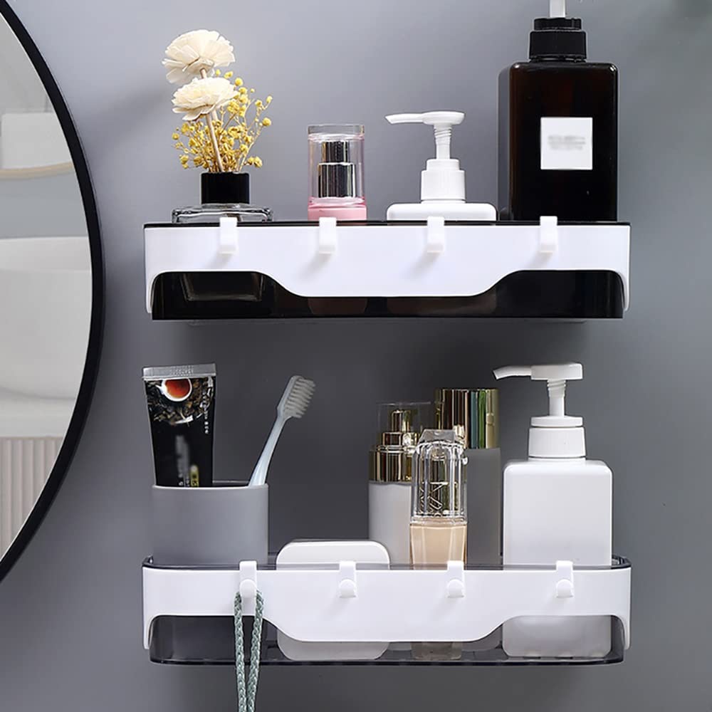 Organizador de ducha montado en la pared, estante de baño de plástico negro transparente para champú, cosméticos y artículos esenciales de cocina, solución de almacenamiento para el hogar