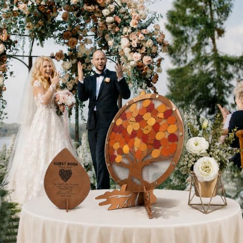 Image of PAMBO Wedding Guest Book Alternative with 55 Fall Leaves - Rustic Wooden Tree of Life Guestbook Frame, 12 inch Handcrafted Autumn Wedding Sign in Decoration & Keepsake for Reception