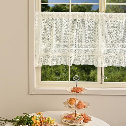 Image of Lace Short Curtain 150x60cm, Semi Sheer Cafe Curtain Kitchen Window Valance, Light Filtering Kitchen Curtains for Small Windows