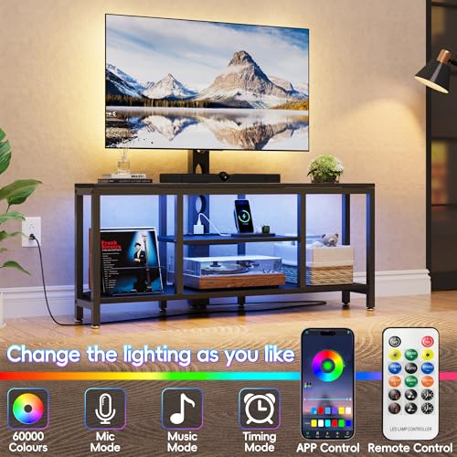 Image of Corner TV Stand Entertainment Center with Mount for Living Room, 32-65 inch TV | TV Console with Led Lights & Power Outlet, Height Adjustable Swivel TV Cabinet with Open Storage Shelf for Bedroom, Black